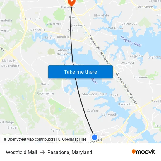Westfield Mall to Pasadena, Maryland map