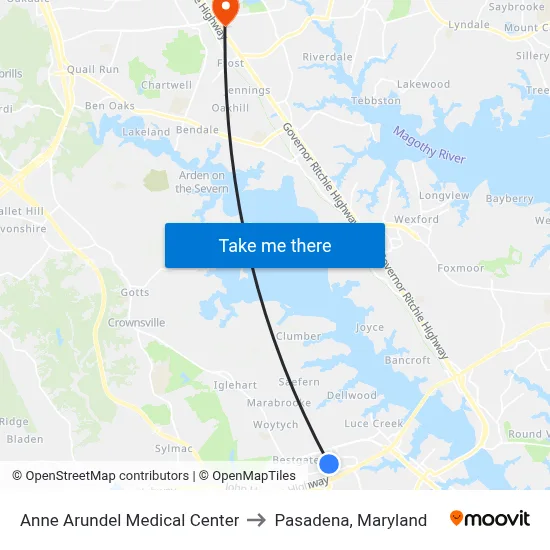 Anne Arundel Medical Center to Pasadena, Maryland map