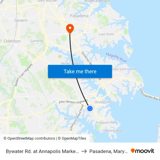 Bywater Rd. at Annapolis Marketplace to Pasadena, Maryland map