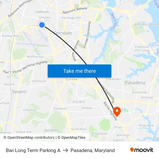 Bwi Long Term Parking A to Pasadena, Maryland map