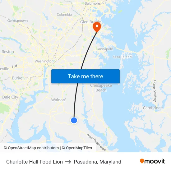 Charlotte Hall Food Lion to Pasadena, Maryland map