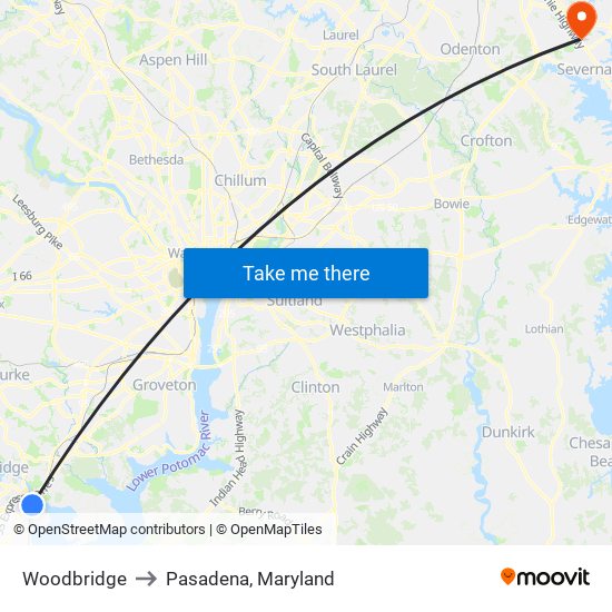 Woodbridge to Pasadena, Maryland map