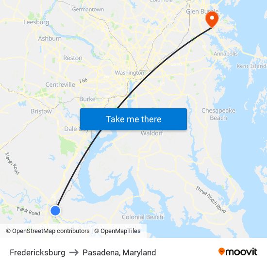 Fredericksburg to Pasadena, Maryland map