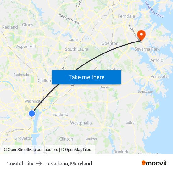 Crystal City to Pasadena, Maryland map