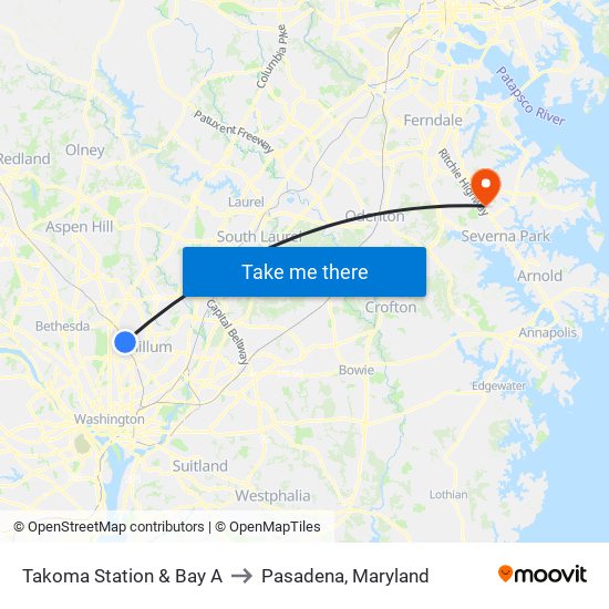 Takoma Station & Bay A to Pasadena, Maryland map