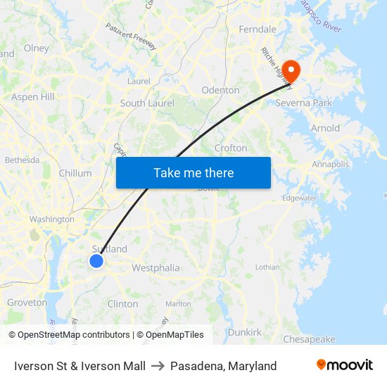 Iverson St & Iverson Mall to Pasadena, Maryland map