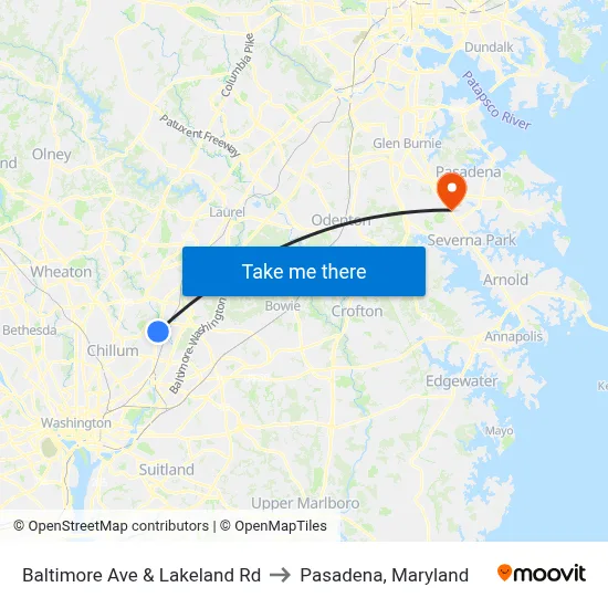 Baltimore Ave & Lakeland Rd to Pasadena, Maryland map