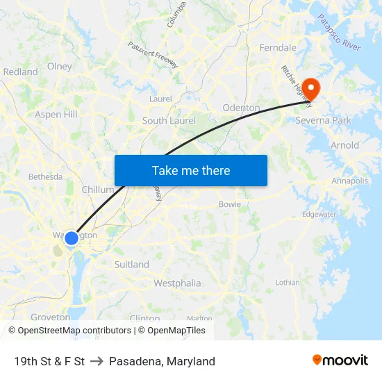 19th St & F St to Pasadena, Maryland map
