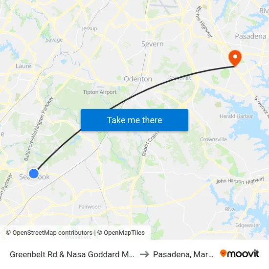 Greenbelt Rd & Nasa Goddard Main Gate to Pasadena, Maryland map