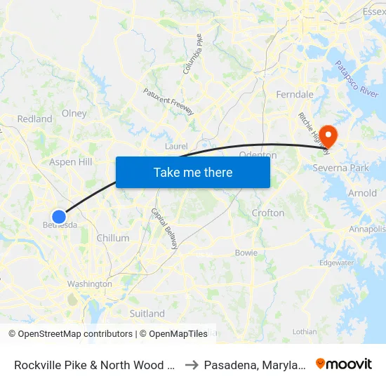 Rockville Pike & North Wood Rd to Pasadena, Maryland map