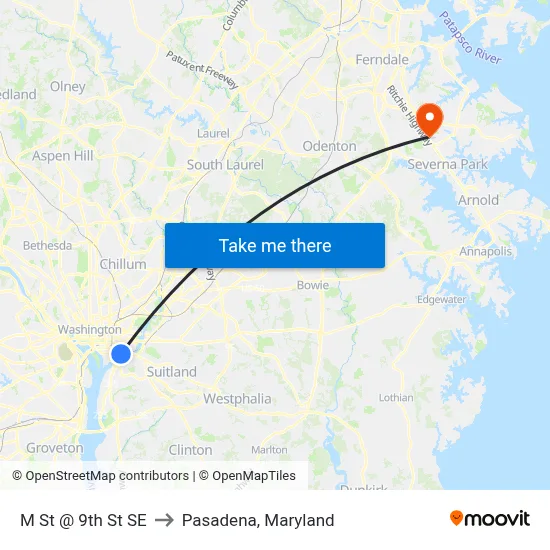 M St @ 9th St SE to Pasadena, Maryland map