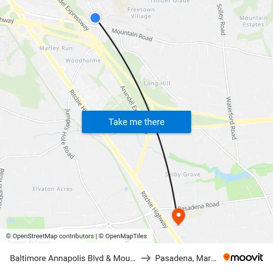 Baltimore Annapolis Blvd & Mountain Rd to Pasadena, Maryland map