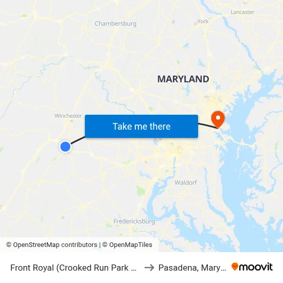 Front Royal (Crooked Run Park & Ride) to Pasadena, Maryland map