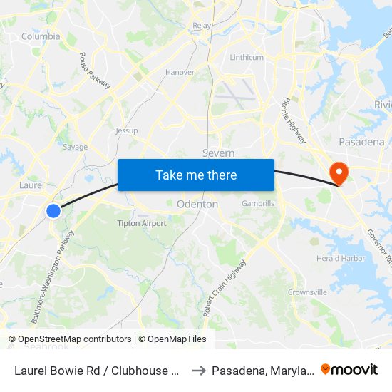 Laurel Bowie Rd / Clubhouse Blvd to Pasadena, Maryland map