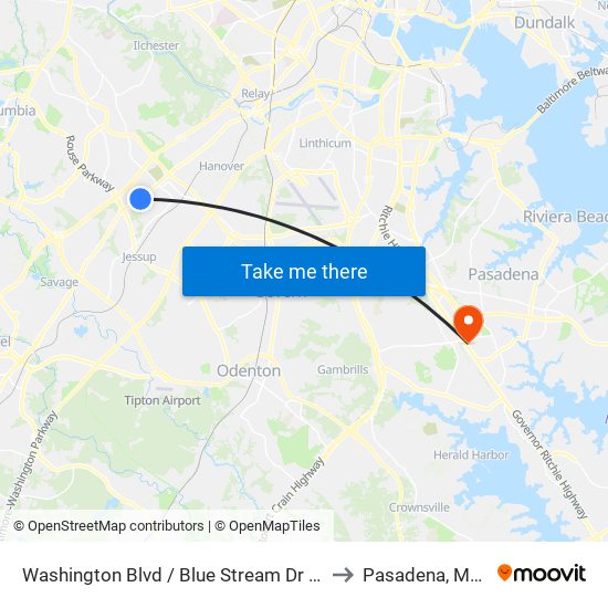 Washington Blvd / Blue Stream Dr (Southbound) to Pasadena, Maryland map