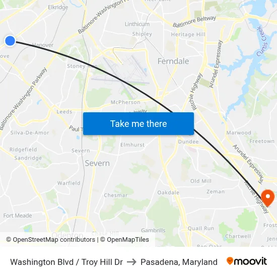 Washington Blvd / Troy Hill Dr to Pasadena, Maryland map