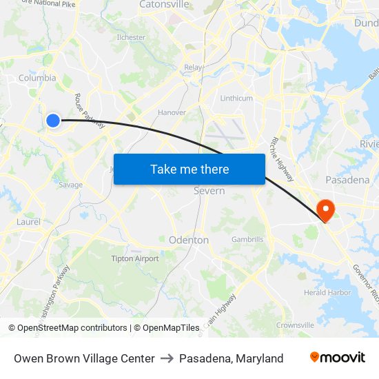 Owen Brown Village Center to Pasadena, Maryland map