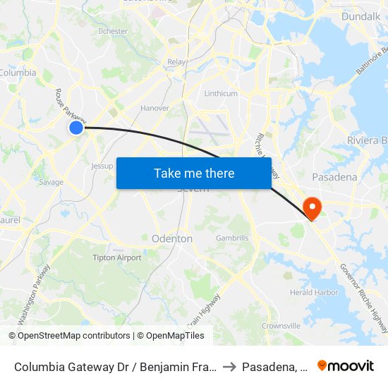 Columbia Gateway Dr / Benjamin Franklin Dr to Pasadena, Maryland map