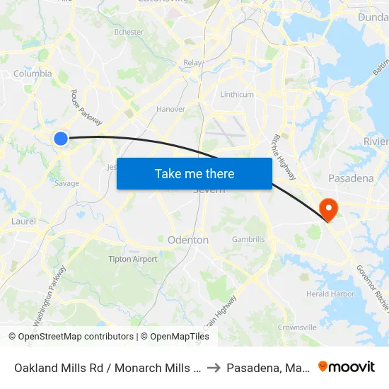 Oakland Mills Rd / Monarch Mills Way South to Pasadena, Maryland map