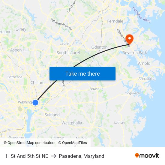 H St And 5th St NE to Pasadena, Maryland map