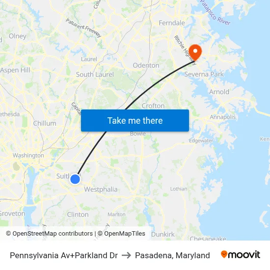 Pennsylvania Av+Parkland Dr to Pasadena, Maryland map