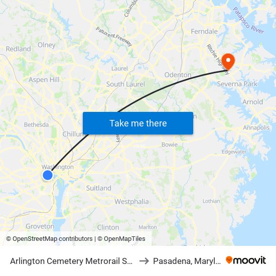 Arlington Cemetery  Metrorail Station to Pasadena, Maryland map