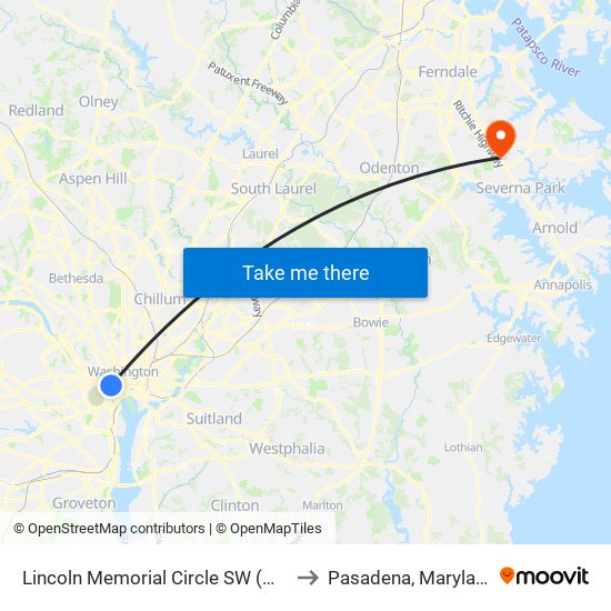 Lincoln Memorial Circle SW (Wb) to Pasadena, Maryland map