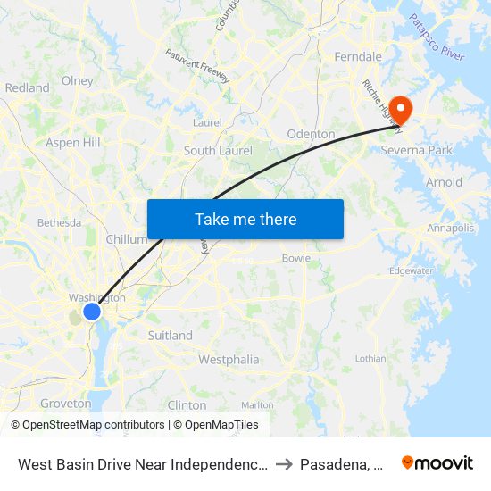 West Basin Drive Near Independence Avenue SW (Nb) to Pasadena, Maryland map