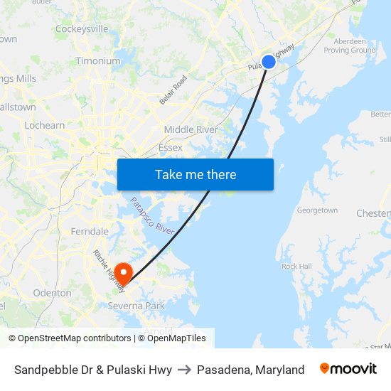 Sandpebble Dr & Pulaski Hwy to Pasadena, Maryland map