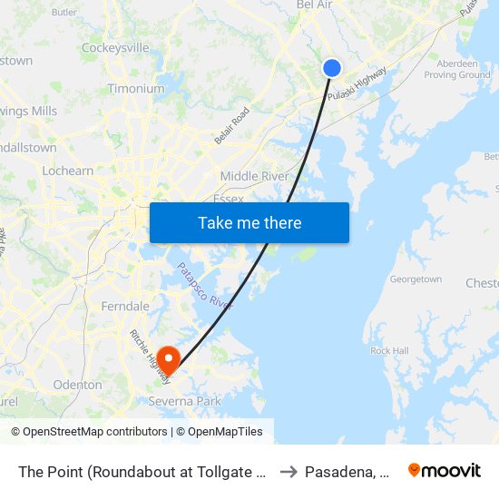 The Point (Roundabout at Tollgate Rd & Westover Ln) to Pasadena, Maryland map