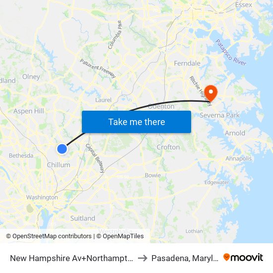 New Hampshire Av+Northampton Dr to Pasadena, Maryland map