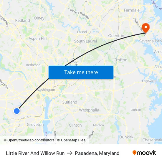 Little River And Willow Run to Pasadena, Maryland map