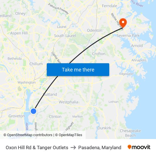Oxon Hill Rd & Tanger Outlets to Pasadena, Maryland map