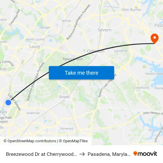 Breezewood Dr at Cherrywood Ln to Pasadena, Maryland map