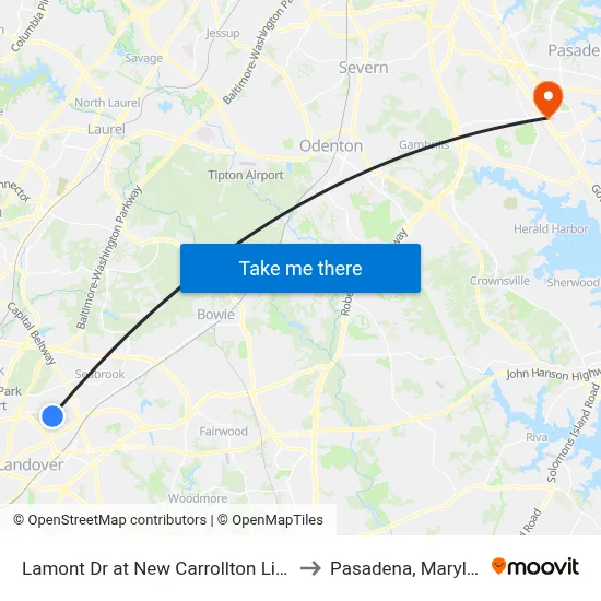 Lamont Dr at New Carrollton Library to Pasadena, Maryland map