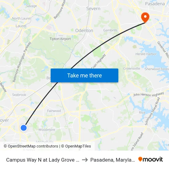 Campus Way N at Lady Grove Rd to Pasadena, Maryland map