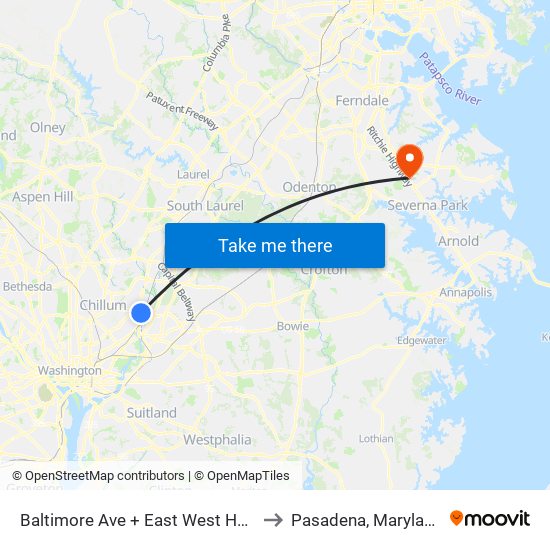 Baltimore Ave + East West Hwy to Pasadena, Maryland map