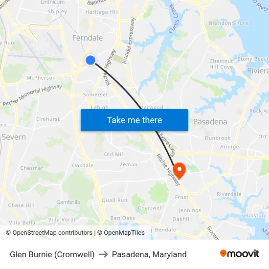 Glen Burnie (Cromwell) to Pasadena, Maryland map