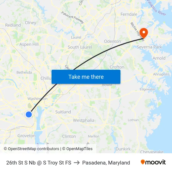 26th St S Nb @ S Troy St FS to Pasadena, Maryland map