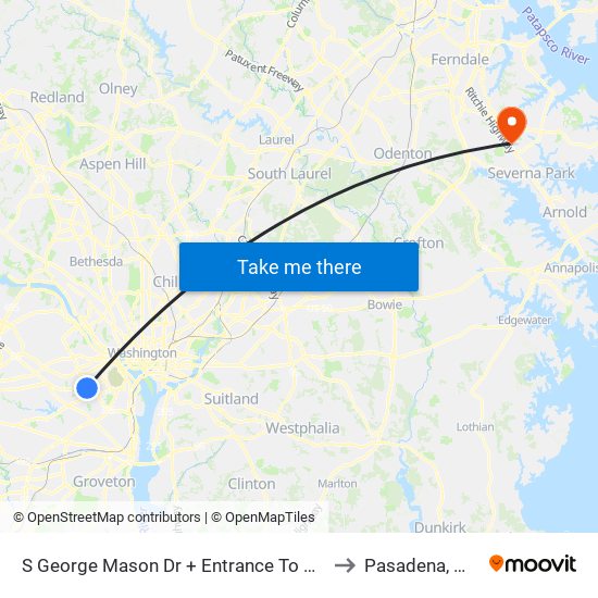 S George Mason Dr + Entrance To National Guard Ce to Pasadena, Maryland map