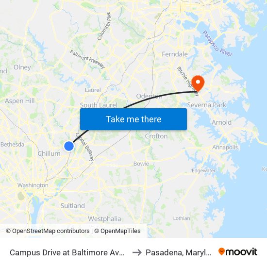 Campus Drive at Baltimore Avenue to Pasadena, Maryland map