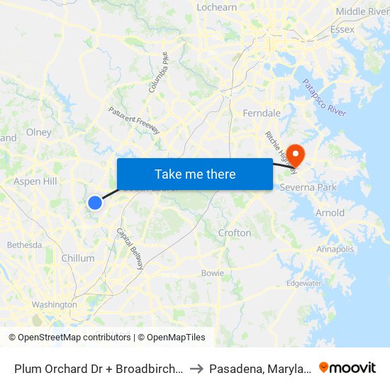 Plum Orchard Dr + Broadbirch Dr to Pasadena, Maryland map