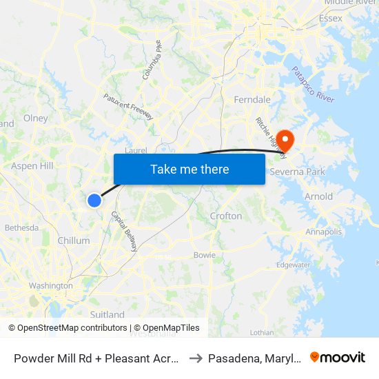 Powder Mill Rd + Pleasant Acres Dr to Pasadena, Maryland map