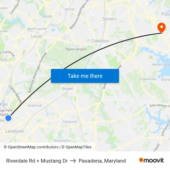 Riverdale Rd + Mustang Dr to Pasadena, Maryland map