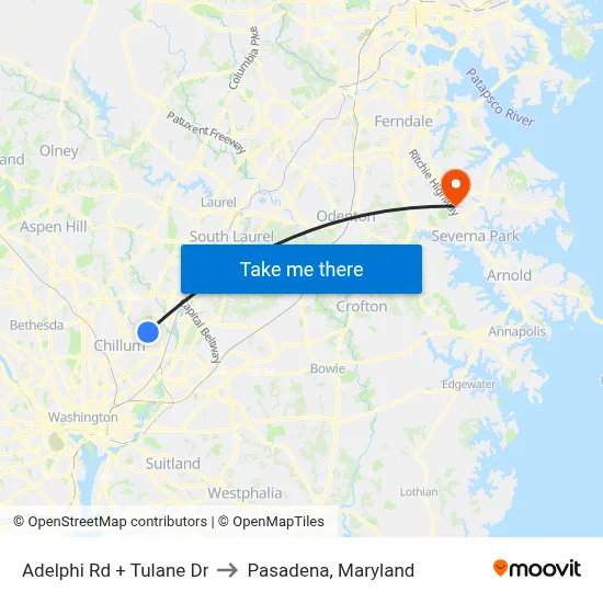 Adelphi Rd + Tulane Dr to Pasadena, Maryland map