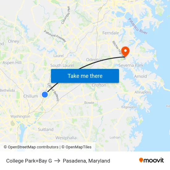 College Park+Bay G to Pasadena, Maryland map
