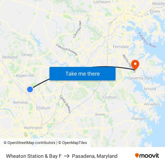 Wheaton Station & Bay F to Pasadena, Maryland map