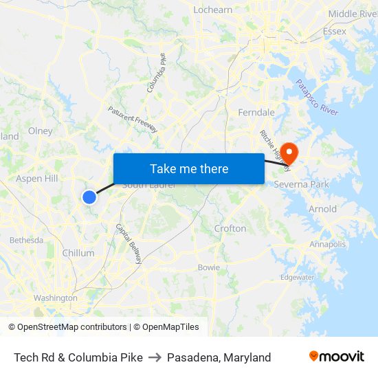 Tech Rd & Columbia Pike to Pasadena, Maryland map