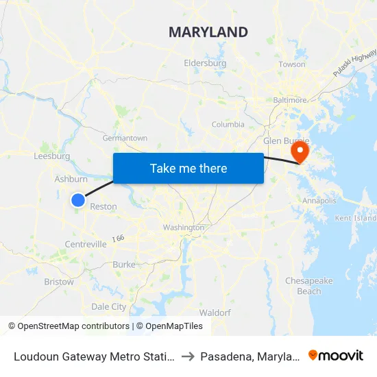 Loudoun Gateway Metro Station to Pasadena, Maryland map