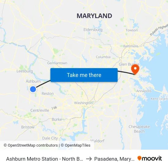 Ashburn Metro Station - North Bus Bay to Pasadena, Maryland map